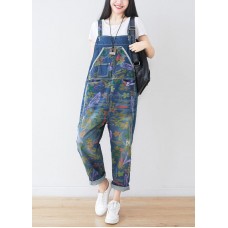 Natural Blue Hole Print Pockets Cowboy Jumpsuit Spring