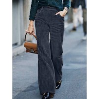 Women Vintage Corduroy High Waist Wide Leg Straight Zipper Pants With Pocket