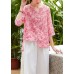 Unique v neck asymmetric linen tops women Shirts pink print blouses summer