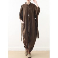 New style literary retro women's loose lace-up one-piece brown overalls