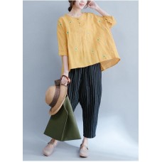 Bohemian yellow embroidery linen cotton top silhouette pattern short sleeve summer shirts