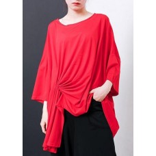 Handmade red cotton blouses for women Boho Irregular Design Pleated Solid Color T-Shirt