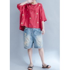 DIY red o neck cotton linen tunic pattern Photography embroidery summer shirts