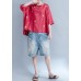 DIY red o neck cotton linen tunic pattern Photography embroidery summer shirts