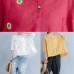 DIY red o neck cotton linen tunic pattern Photography embroidery summer shirts