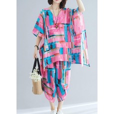 Summer new large size women's art pink print plus long T-shirt + cotton and linen seven points casual pants