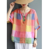 Modern linen Blouse Fashion Sweet Colored Plaid Casual Linen T-Shirt