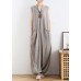 2021 lace-up waist light gray wide leg jumpsuit female summer cotton and linen jumpsuit