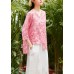 Unique v neck asymmetric linen tops women Shirts pink print blouses summer