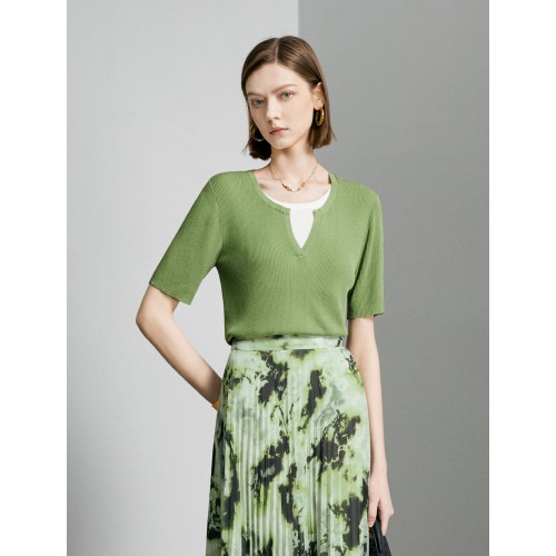 Leaf Green Ribbed V-Neck Layered Knit Top Leaf Green Ribbed V-Neck Layered Knit Top