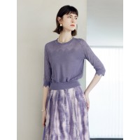 Wavy Texture Scalloped Cuffs Knitted Pullover