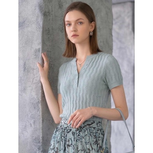 Wavy Openwork Tencel Linen Henley Knit Top Wavy Openwork Tencel Linen Henley Knit Top