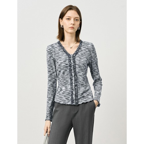 Gray V-Neck Slim Fit Long-Sleeve Knit Top Gray V-Neck Slim Fit Long-Sleeve Knit Top