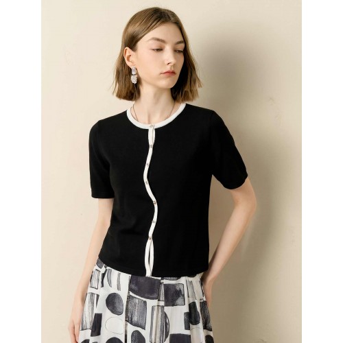 Black Contrast Trim Button Placket Knit Top Black Contrast Trim Button Placket Knit Top