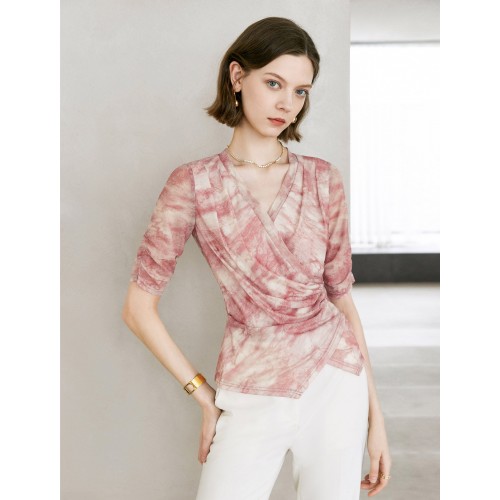 Tie Dye V-Neck Wrap Elbow Sleeve Top Tie Dye V-Neck Wrap Elbow Sleeve Top