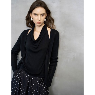 Black Draped Cowl Neck Cutout Knit Top