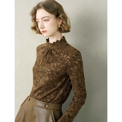 Floral Lace Mock Neck Ruched Blouse