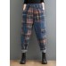 Style Blue Plaid Pockets elastic waist Patchwork Denim Pants Spring