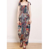 Organic Cotton Sleeveless Fun Vintage Cotton Print Drawstring Loose Jumpsuit